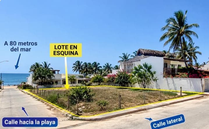Lote en esquina con su contorno marcado, la calle hacia la playa y la calle lateral